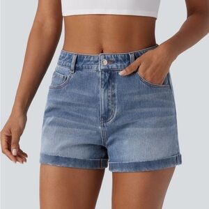 Halara Flex Mid Rise cuffed zipper/pockets denim shorts - NWT!